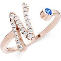 Letter N Swiss Blue Topaz and Diamond Initial Letter Birthstone Open Ring in 9ct Rose Gold