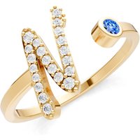 Letter N Swiss Blue Topaz and Diamond Initial Letter Birthstone Open Ring in 9ct Gold