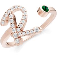 Letter R Emerald and Diamond Initial Letter Birthstone Open Ring in 9ct Rose Gold