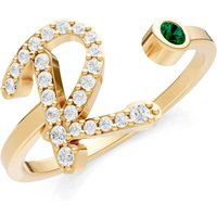Letter R Emerald and Diamond Initial Letter Birthstone Open Ring in 9ct Gold