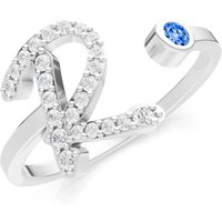 Letter R Swiss Blue Topaz and Diamond Initial Letter Birthstone Open Ring in 18ct White Gold
