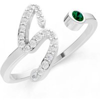 Letter S Emerald and Diamond Initial Letter Birthstone Open Ring in 9ct White Gold