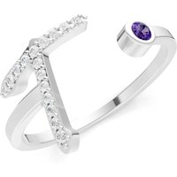 Letter T Amethyst and Diamond Initial Letter Birthstone Open Ring in 9ct White Gold