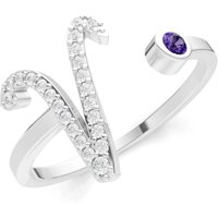Letter V Amethyst and Diamond Initial Letter Birthstone Open Ring in 9ct White Gold