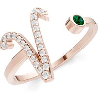 Letter V Emerald and Diamond Initial Letter Birthstone Open Ring in 9ct Rose Gold