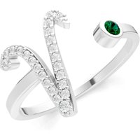 Letter V Emerald and Diamond Initial Letter Birthstone Open Ring in 9ct White Gold