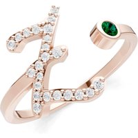 Letter Z Emerald and Diamond Initial Letter Birthstone Open Ring in 9ct Rose Gold