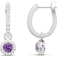 Amethyst and White Topaz Round Halo 4mm Drop Hoop Earrings in 18ct White Gold