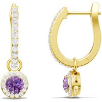 Amethyst and White Topaz Round Halo 4mm Drop Hoop Earrings in 18ct Gold