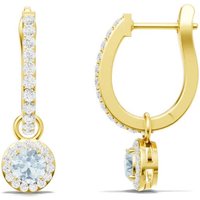 Aquamarine and White Topaz Round Halo 4mm Drop Hoop Earrings in 9ct Gold