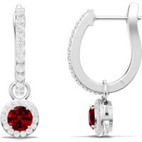 Ruby and White Topaz Round Halo 4mm Drop Hoop Earrings in 18ct White Gold