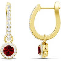 Ruby and White Topaz Round Halo 4mm Drop Hoop Earrings in 18ct Gold
