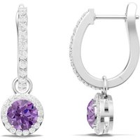 Amethyst and White Topaz Round Halo 5mm Drop Hoop Earrings in 18ct White Gold