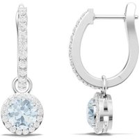 Aquamarine and White Topaz Round Halo 5mm Drop Hoop Earrings in 9ct White Gold