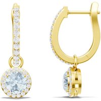 Aquamarine and White Topaz Round Halo 5mm Drop Hoop Earrings in 9ct Gold