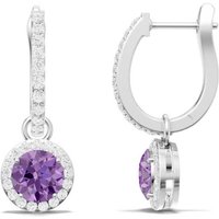 Amethyst and White Topaz Round Halo 6mm Drop Hoop Earrings in 18ct White Gold