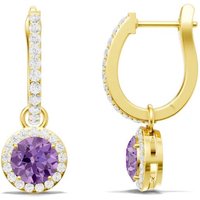Amethyst and White Topaz Round Halo 6mm Drop Hoop Earrings in 18ct Gold