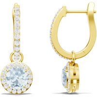 Aquamarine and White Topaz Round Halo 6mm Drop Hoop Earrings in 9ct Gold