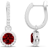 Ruby and White Topaz Round Halo 6mm Drop Hoop Earrings in 18ct White Gold