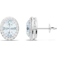 Aquamarine and White Topaz Oval Halo Stud Earrings in 18ct White Gold