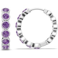 Amethyst Round Bezel Milgrain Hoop Earrings in 18ct White Gold