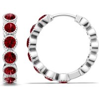 Ruby Round Bezel Milgrain Hoop Earrings in 18ct White Gold
