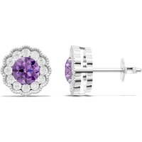 Amethyst and Diamond Floral Halo 4mm Earrings in 18ct White Gold