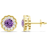 Amethyst and Diamond Floral Halo 4mm Earrings in 18ct Gold