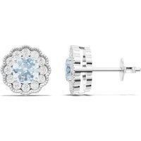 Aquamarine and Diamond Floral Halo 4mm Earrings in 18ct White Gold