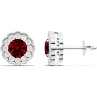 Ruby and Diamond Floral Halo 4mm Earrings in 9ct White Gold