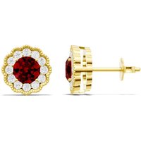 Ruby and Diamond Floral Halo 4mm Earrings in 9ct Gold