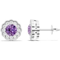 Amethyst and Diamond Floral Halo 5mm Earrings in 18ct White Gold