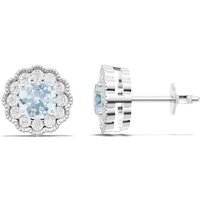 Aquamarine and Diamond Floral Halo 5mm Earrings in 18ct White Gold