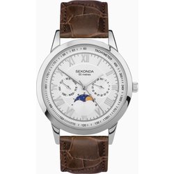 Sekonda Sekonda Armstrong Moon Phase Men's Watch | Silver Alloy Case & Brown Leather Strap With Silver Dial | 30146