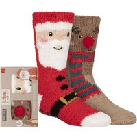 2 Pair Chunky Christmas Novelty Slipper Socks Pom Pom Detail Santa Reindeer