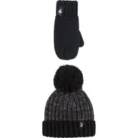 Kids 1 Pack SOCKSHOP Heat Holders Turn Over Pom Pom Hat & Mittens Black 3-6 Years