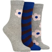 3 Pair Patterned Cotton Socks Flowers Grey 4 8