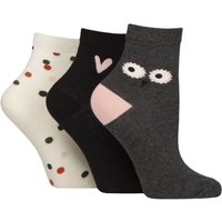 3 Pair Cotton Patterned Mid Length Crew Socks Owl Heart Spots 4 8