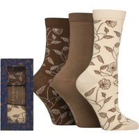 3 Pair Bamboo Patterned Socks Christmas Gift Box Beige Floral 4 8