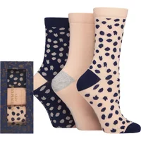 Women's 3 Pair Glenmuir Bamboo Patterned Socks in Christmas Gift Box Pink / Navy Animal Print 4-8 Women's