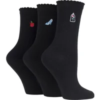 3 Pair Black Disney Princesses Embroidered Detail Cotton Socks Ladies 4-8 Ladies - Film & TV Characters