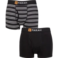 Mens 2 Pack Farah Plain and Striped Cotton Classic Keyhole Trunks Black / Charcoal M