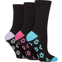 Women's 3 Pair SOCKSHOP Wildfeet Patterned Bamboo Socks Floral Black 4-8