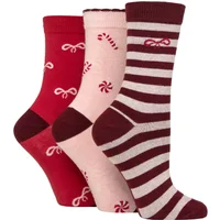 3 Pair Wildfeet Christmas Patterned Bamboo Socks Candy Bows 4 8