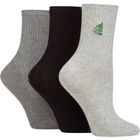 Women's 3 Pair SOCKSHOP Wildfeet Embroidered Ribbed Socks Grey / Black / Charcoal Leaf 4-8 UK