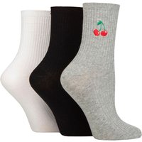 3 Pair SOCKSHOP Embroidered Ribbed Socks White Grey Cherry 4 8