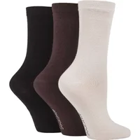 Women's 3 Pair SOCKSHOP Patterned Plain and Striped Bamboo Socks Black / Cocoa / Biscuit Plain 4-8 Ladies