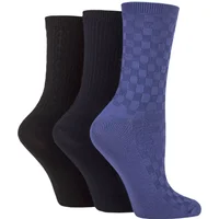 Women's 3 Pair SOCKSHOP Patterned Plain and Striped Bamboo Socks Black / Navy / Denim Textured 4-8 Ladies