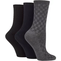 Women's 3 Pair SOCKSHOP Patterned Plain and Striped Bamboo Socks Black / Navy / Grey Textured 4-8 Ladies