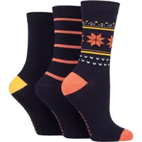 Women's 3 Pair SOCKSHOP Lazy Panda Christmas Bamboo Socks Navy Fair Isle 4-8 Ladies